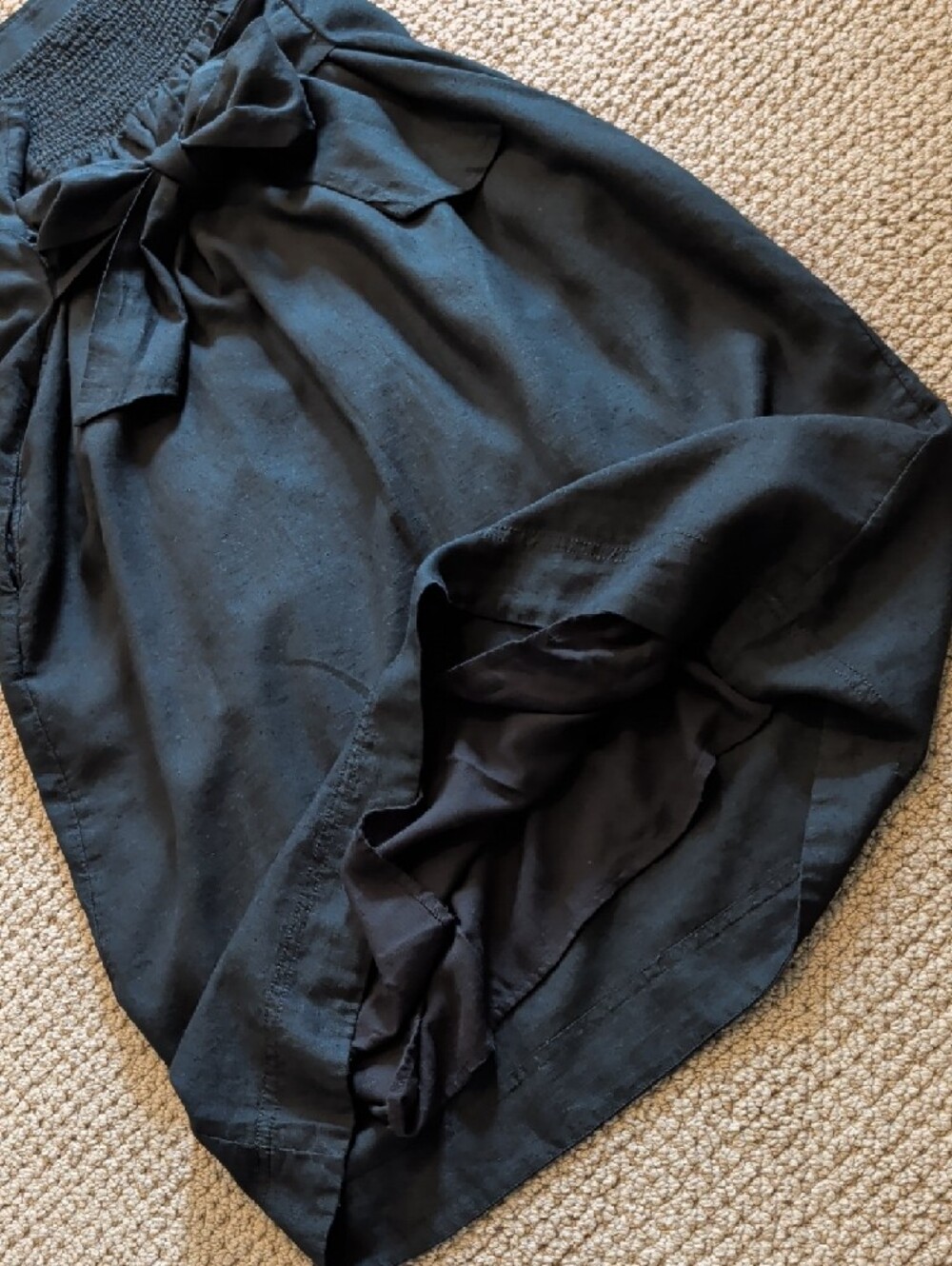 Linen Black Square-Neck Midi Milk Maid Dress Pockets Smocked Bow Pilcro L - Picture 12 of 12